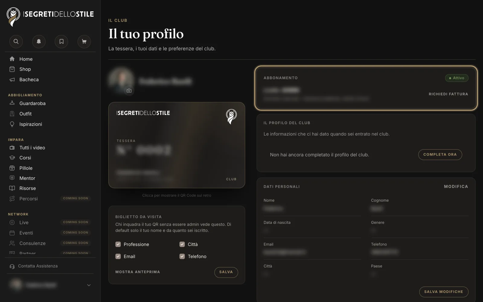 Il riquadro Abbonamento, in cima ai dati del Profilo