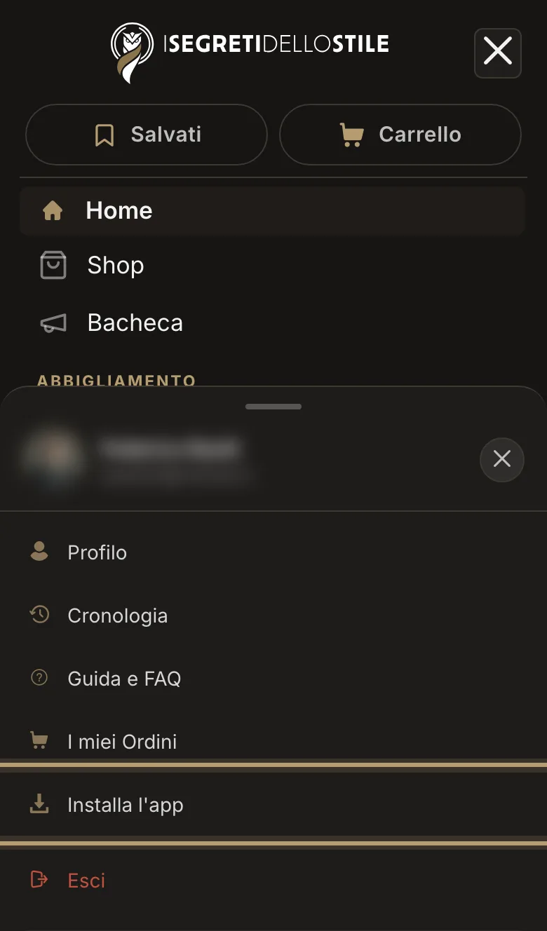 Il menu personale sul telefono, con Installa l'app