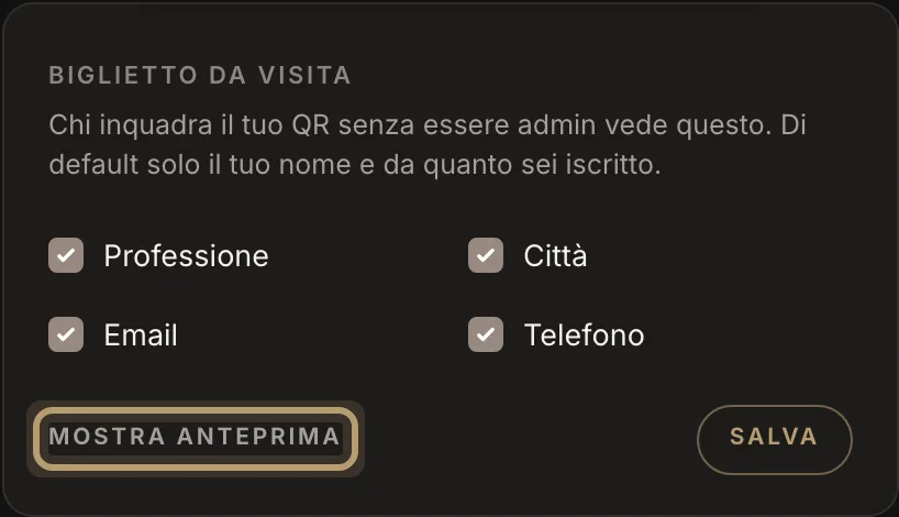 Il riquadro Biglietto da visita, con i dati da mostrare e Mostra anteprima
