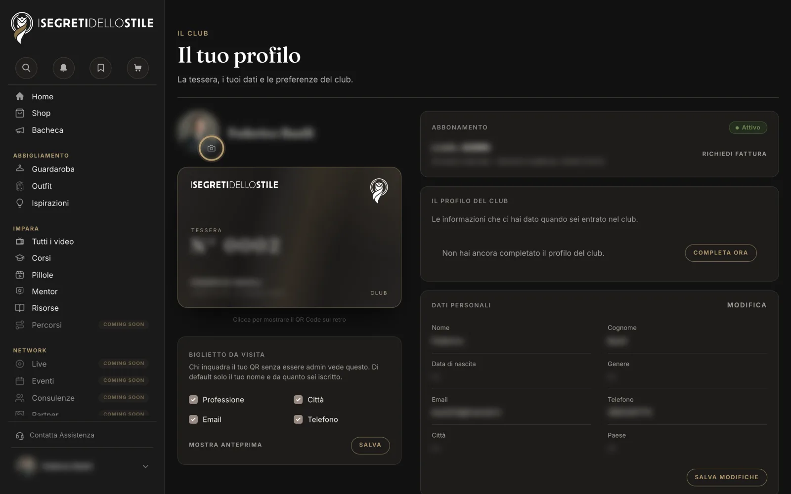 Il Profilo: in alto la tua foto, con la macchina fotografica per cambiarla