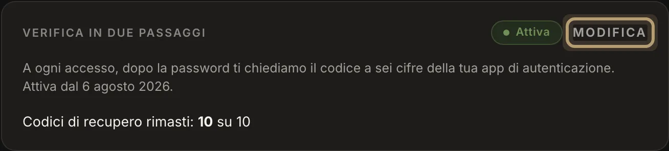 La verifica in due passaggi attiva, con i codici di recupero rimasti e Modifica