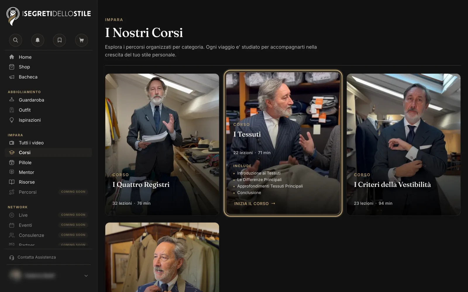 I Nostri Corsi: sulla copertina del corso I Tessuti compaiono i moduli e Inizia il corso