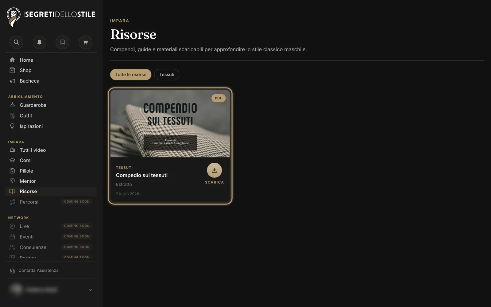 Le Risorse: in alto le categorie, sotto la scheda di una risorsa con Scarica