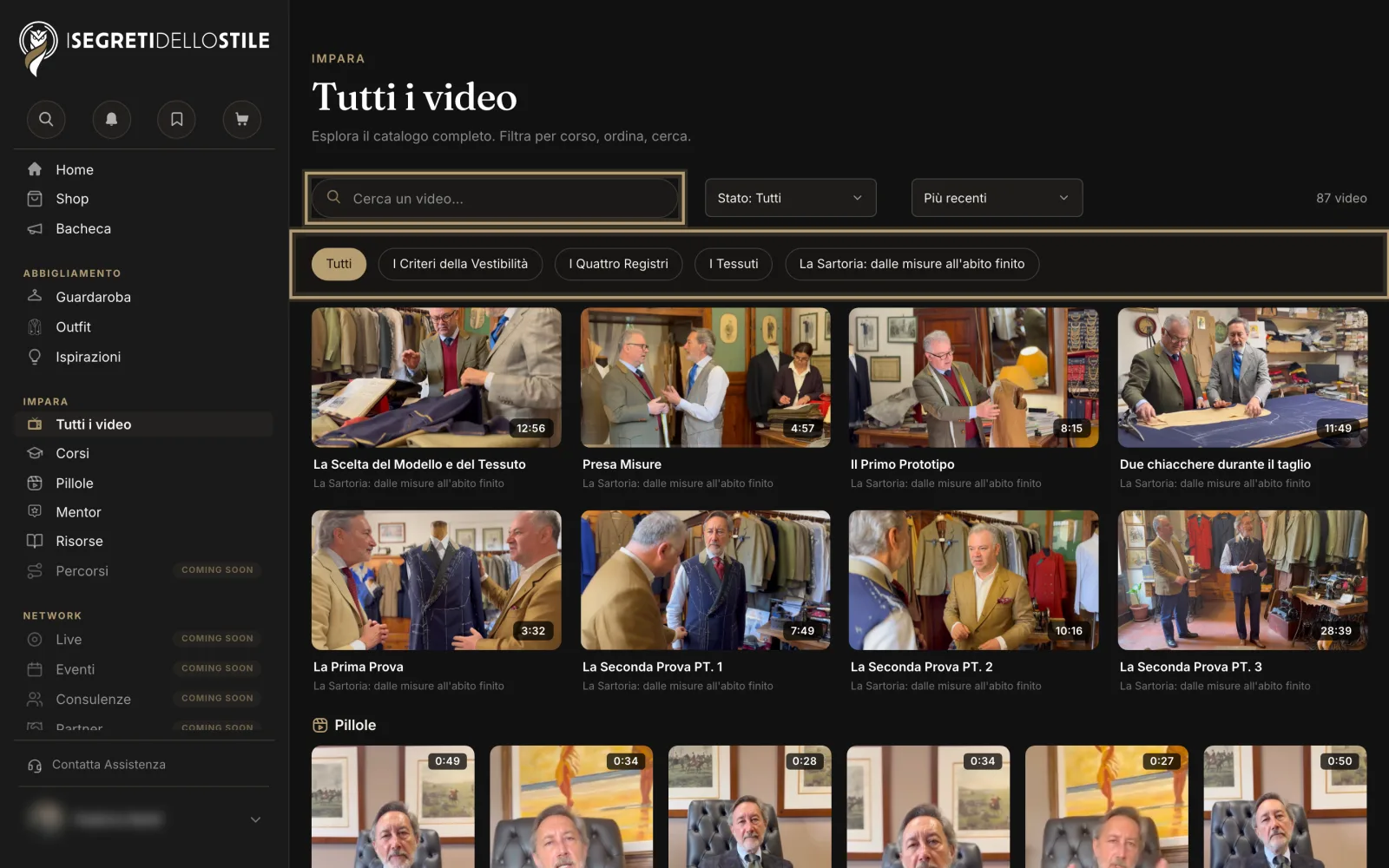 Tutti i video: in alto la ricerca, sotto i nomi dei corsi per filtrare