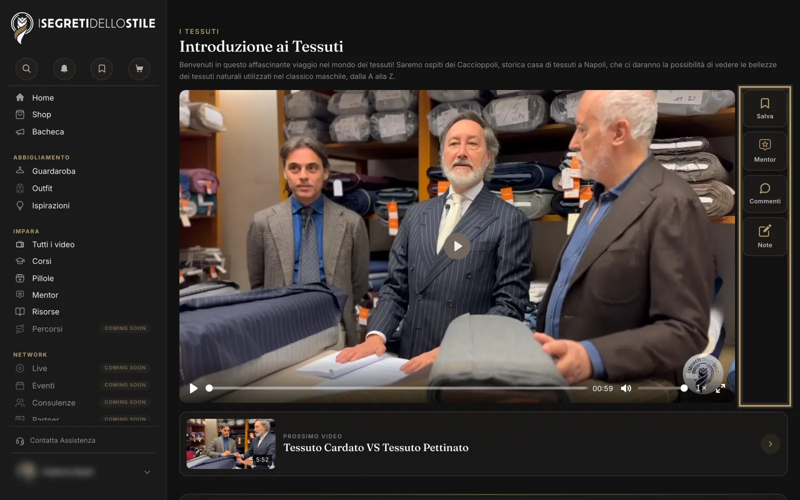 Un video aperto: a destra del player i pulsanti Salva, Mentor, Commenti e Note