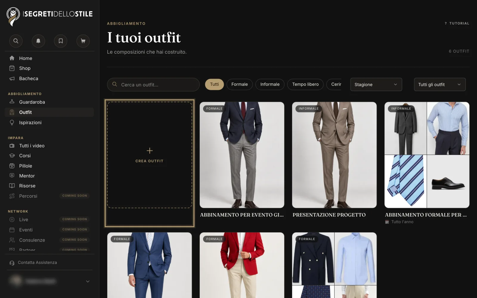 Il riquadro Crea outfit, il primo della griglia