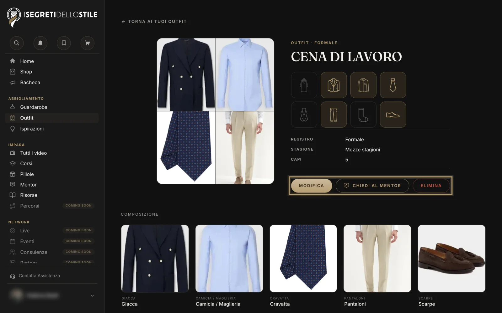La pagina di un outfit, con Modifica, Chiedi al mentor ed Elimina