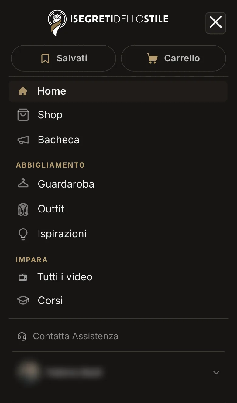 Il menu aperto sul telefono, con Salvati e Carrello in cima