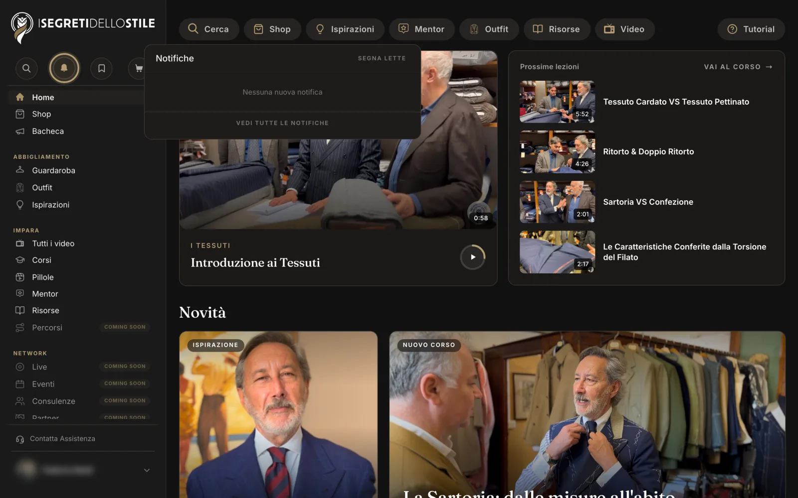 La campanella, in cima al menu, apre l'elenco delle notifiche