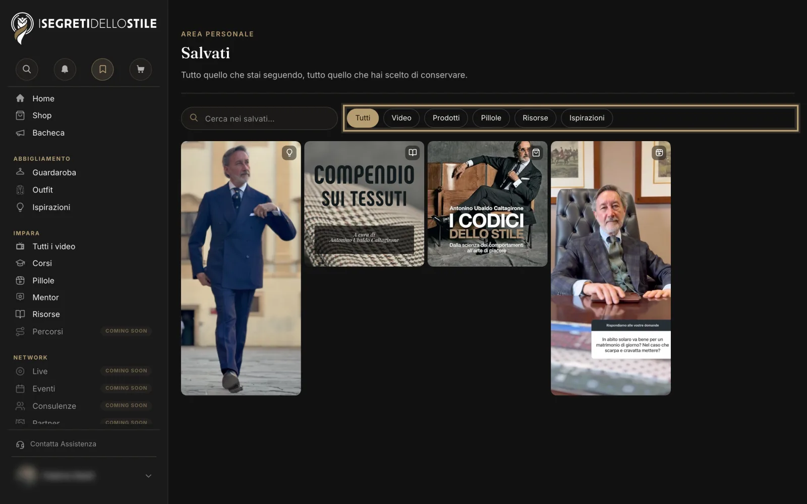 I Salvati, con i filtri per tipo di contenuto